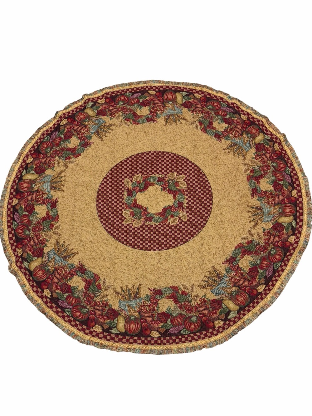 Fall Harvest Thanksgiving Round Tapestry Table Topper 66” Pumpkin Fringe